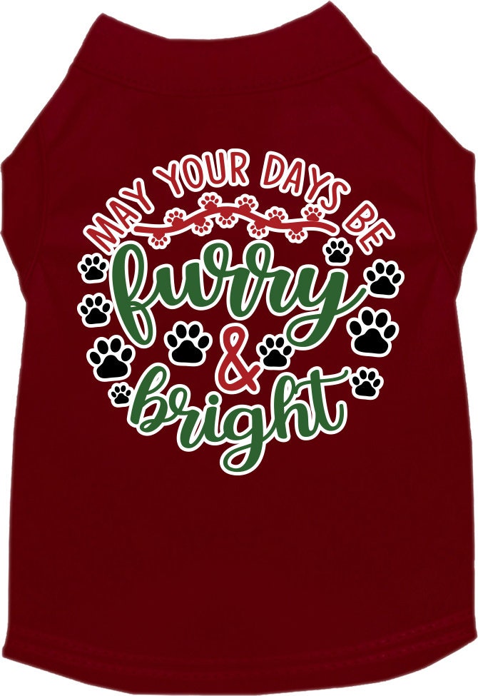 A festive Christmas shirt for dogs and cats, featuring the slogan 'Furry & Bright', made from soft cotton-polyester blend.