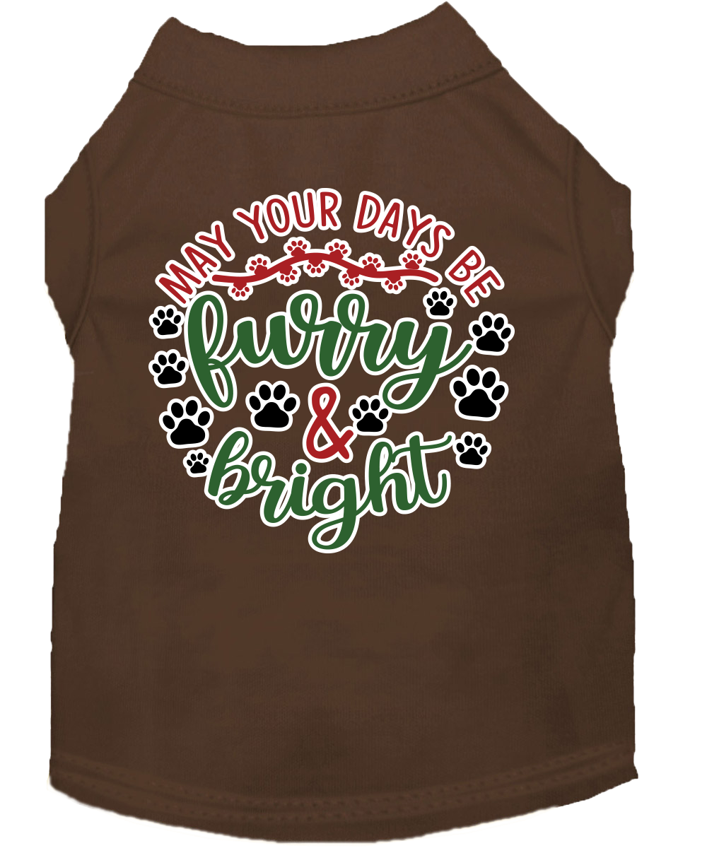 A festive Christmas shirt for dogs and cats, featuring the slogan 'Furry & Bright', made from soft cotton-polyester blend.