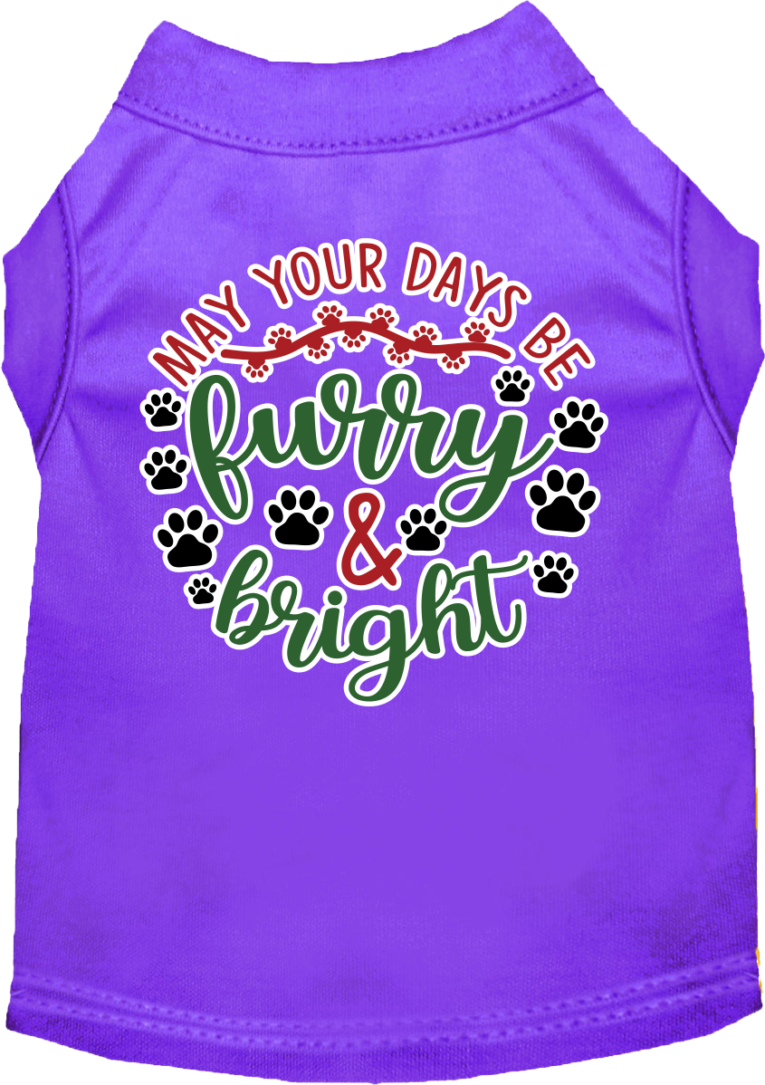 A festive Christmas shirt for dogs and cats, featuring the slogan 'Furry & Bright', made from soft cotton-polyester blend.