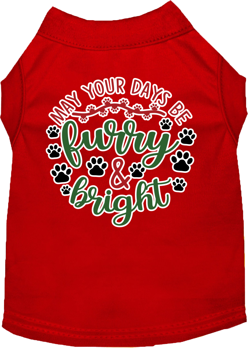 A festive Christmas shirt for dogs and cats, featuring the slogan 'Furry & Bright', made from soft cotton-polyester blend.