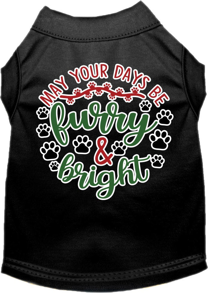 A festive Christmas shirt for dogs and cats, featuring the slogan 'Furry & Bright', made from soft cotton-polyester blend.