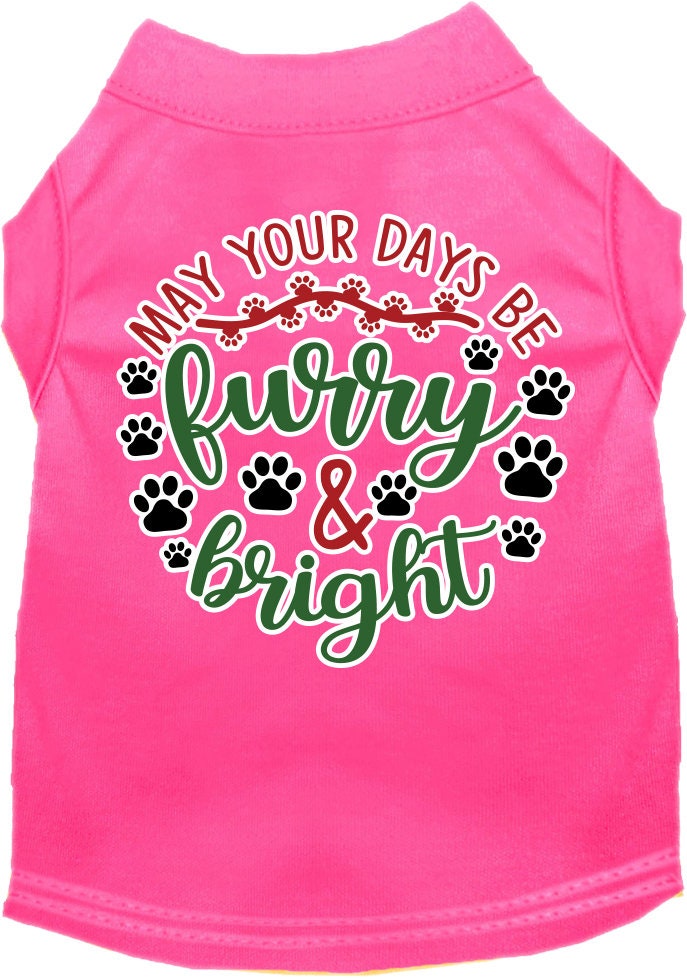 A festive Christmas shirt for dogs and cats, featuring the slogan 'Furry & Bright', made from soft cotton-polyester blend.