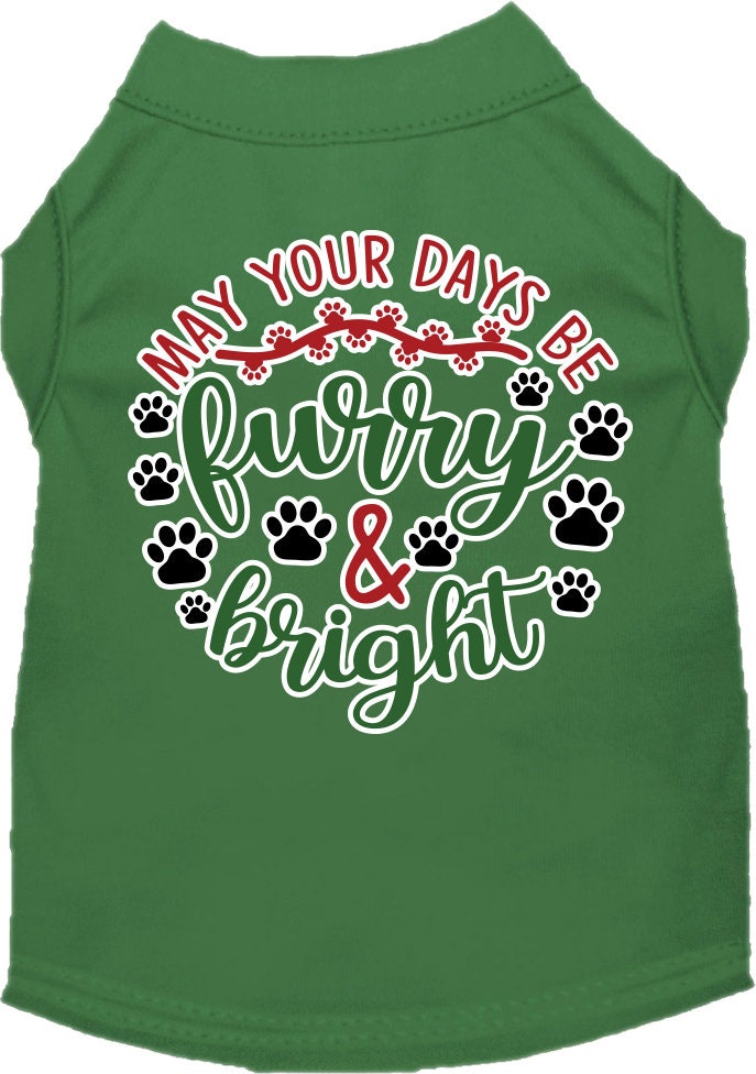 A festive Christmas shirt for dogs and cats, featuring the slogan 'Furry & Bright', made from soft cotton-polyester blend.