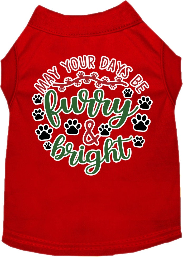 A festive Christmas shirt for dogs and cats, featuring the slogan 'Furry & Bright', made from soft cotton-polyester blend.