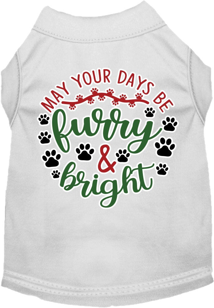 A festive Christmas shirt for dogs and cats, featuring the slogan 'Furry & Bright', made from soft cotton-polyester blend.