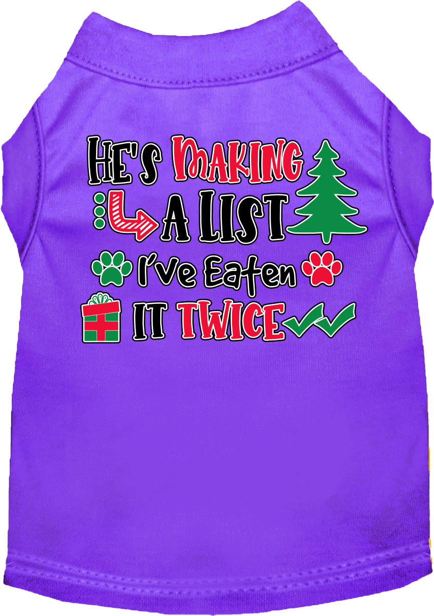 A festive Christmas shirt for dogs and cats, featuring the phrase 'He's Making A List, I've Eaten It Twice' in a playful design.