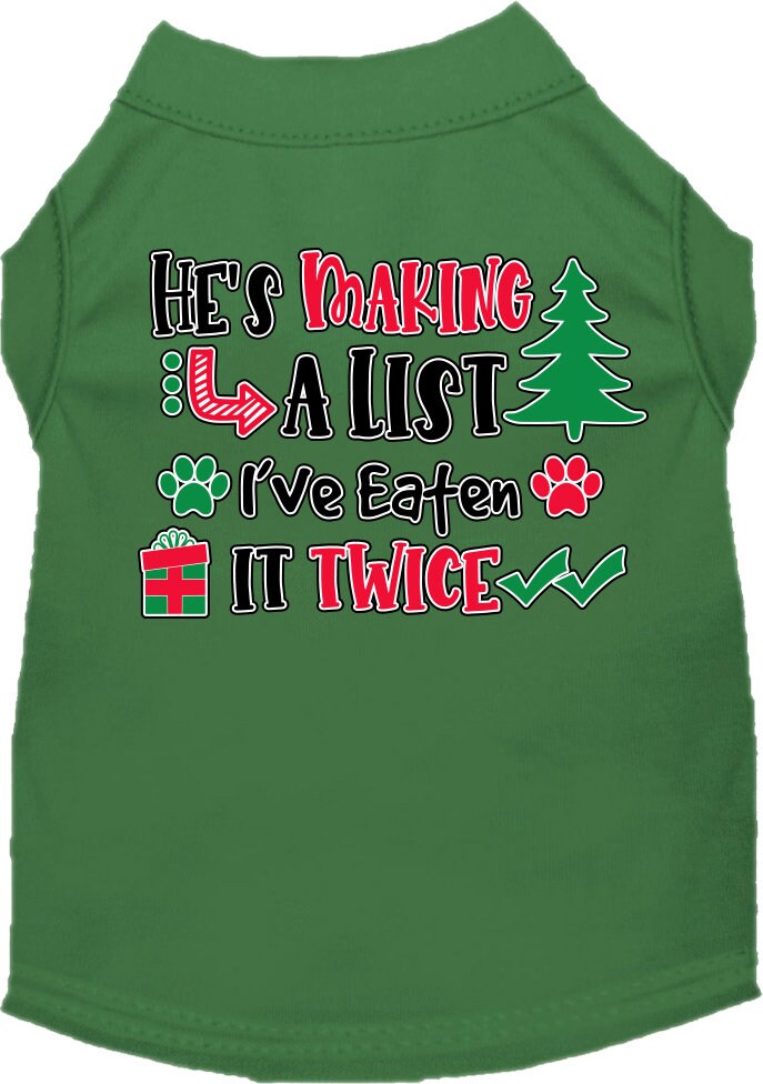 A festive Christmas shirt for dogs and cats, featuring the phrase 'He's Making A List, I've Eaten It Twice' in a playful design.