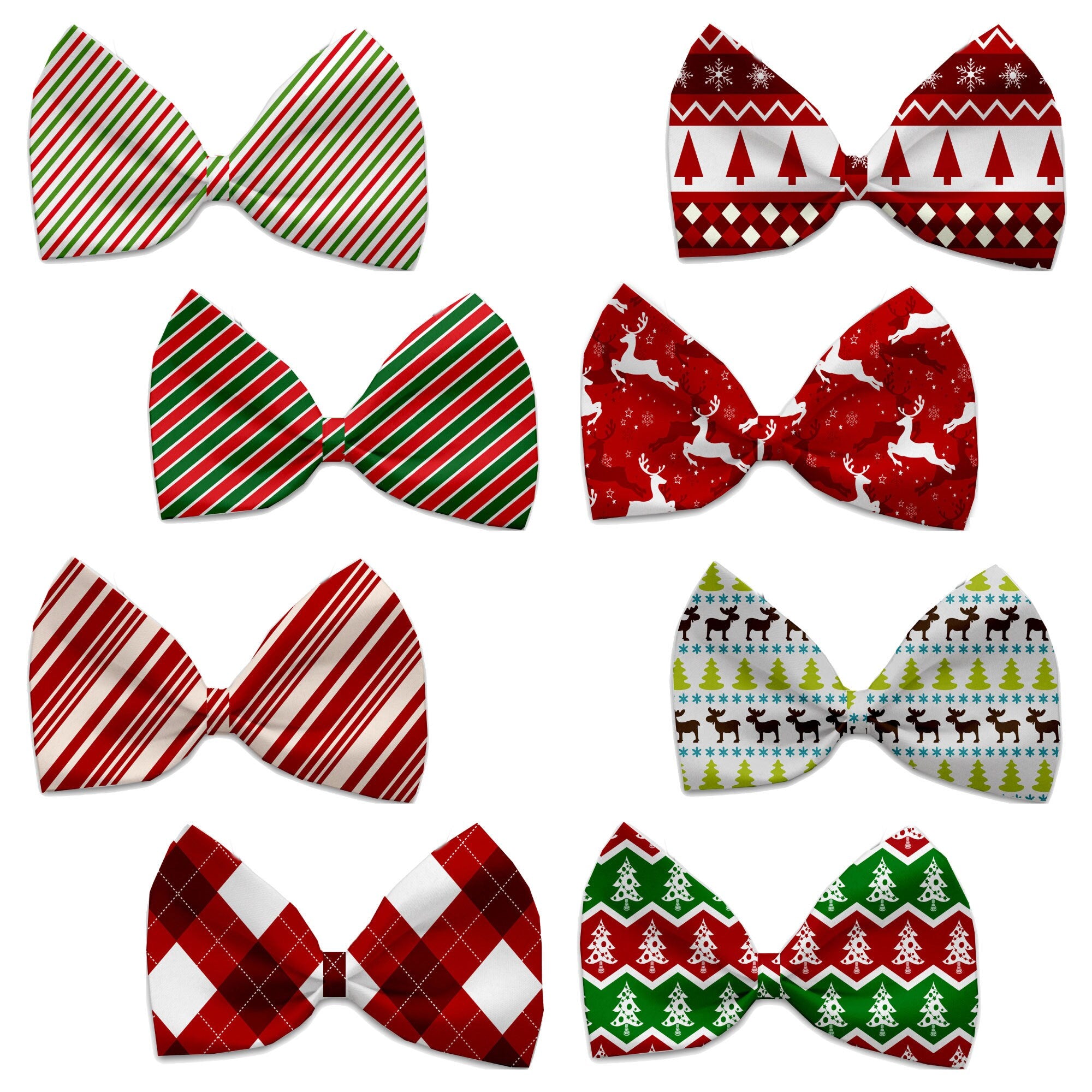A festive Christmas bow tie for pets featuring a candy cane design, suitable for dogs and cats, made from silky polyester with an elastic band.