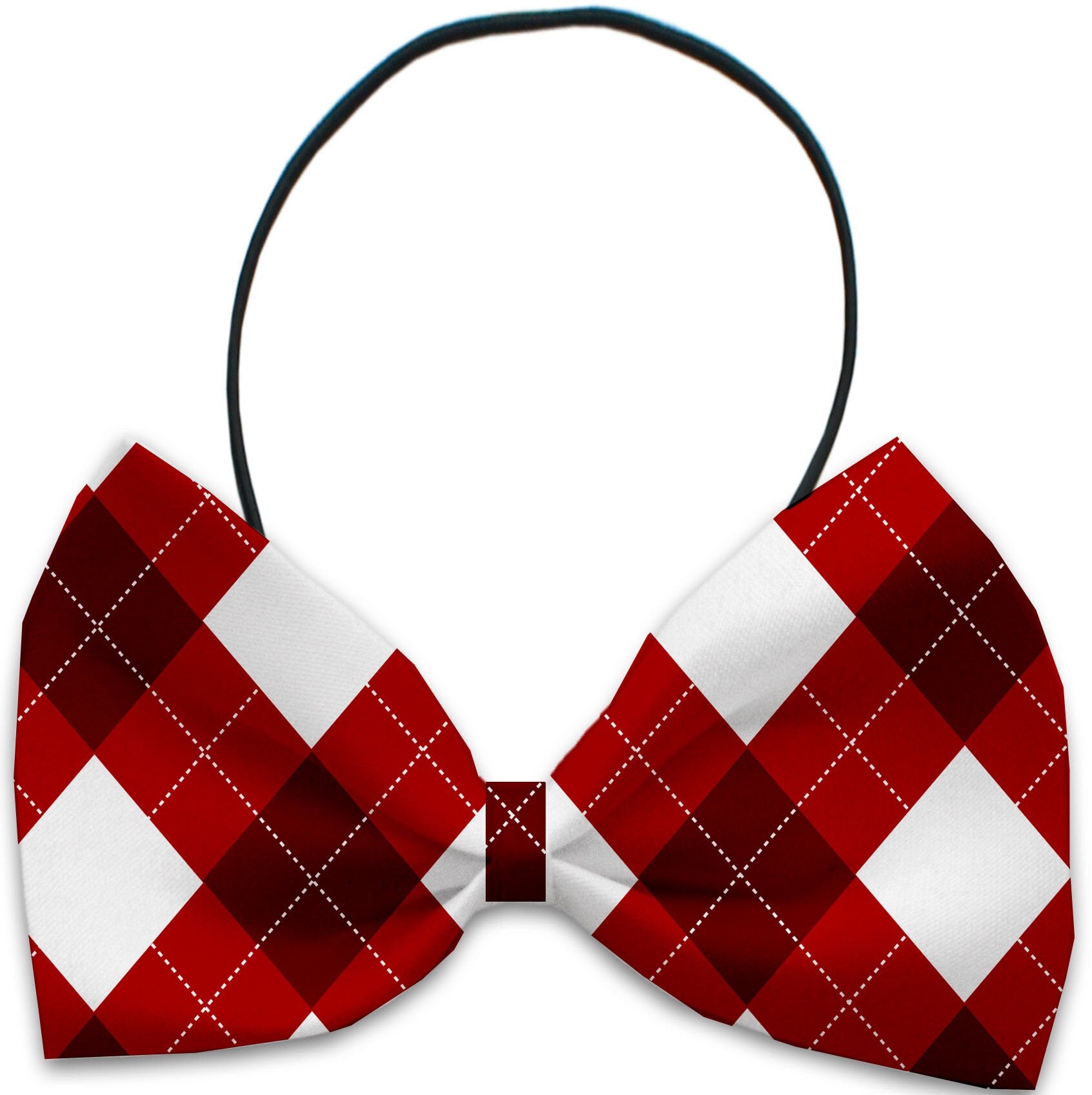 A festive Christmas bow tie for pets featuring a candy cane design, suitable for dogs and cats, made from silky polyester with an elastic band.