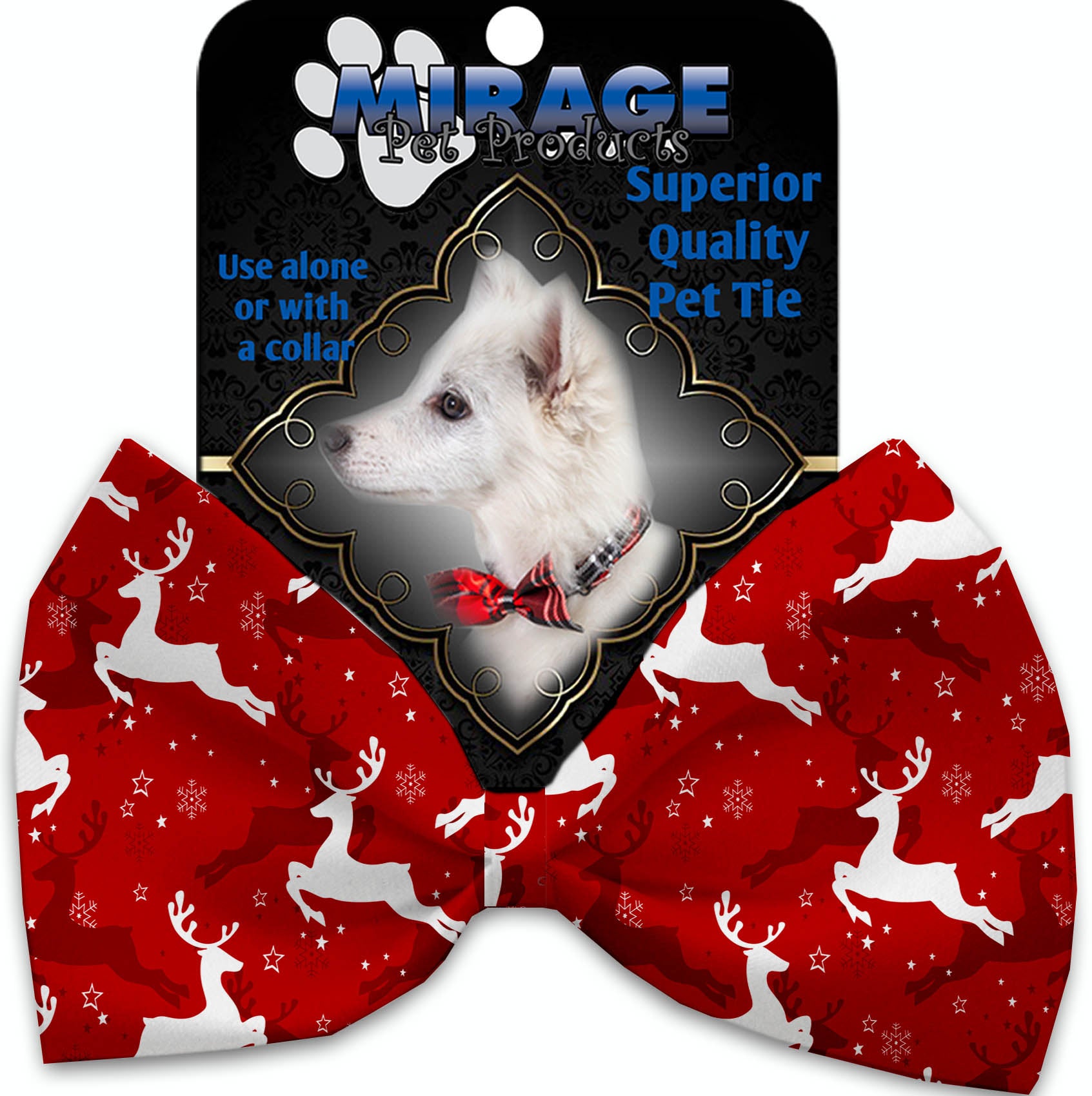 A festive Christmas bow tie for pets featuring a candy cane design, suitable for dogs and cats, made from silky polyester with an elastic band.