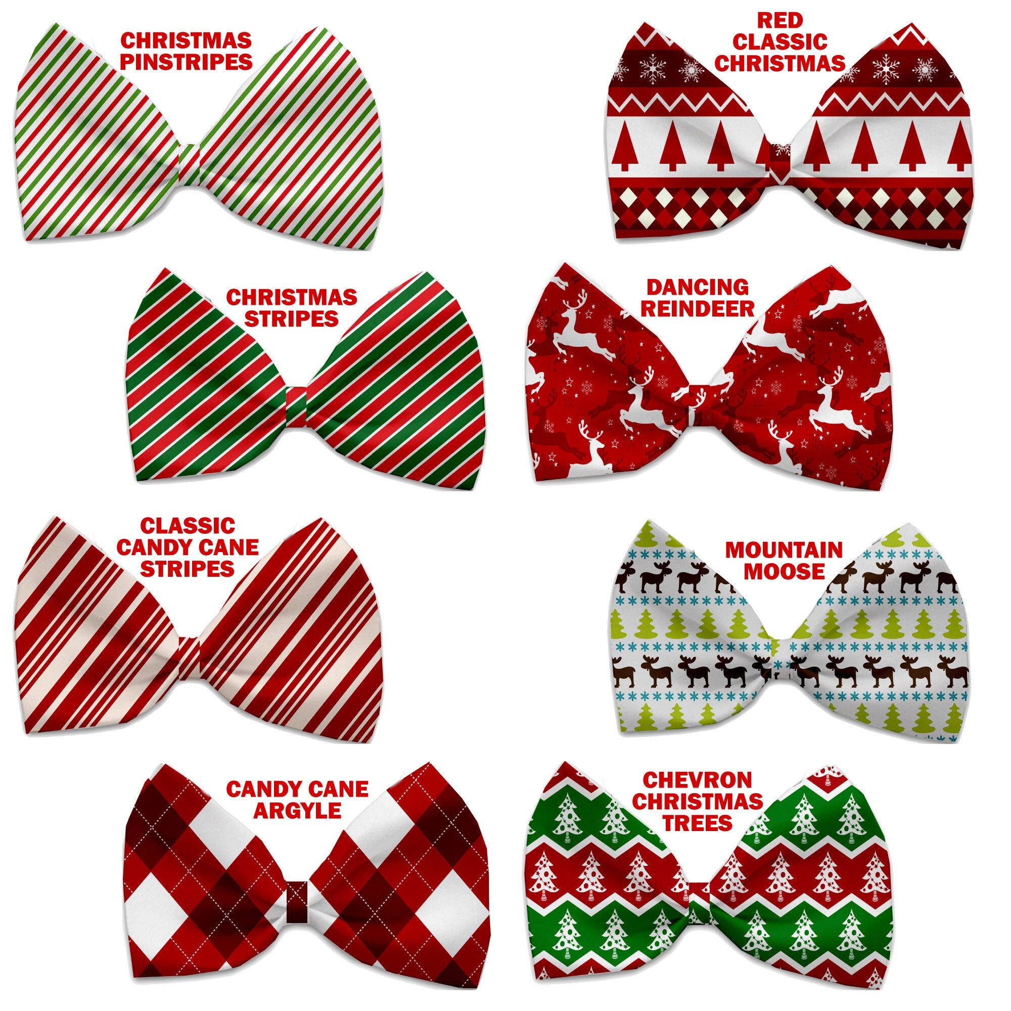 A festive Christmas bow tie for pets featuring a candy cane design, suitable for dogs and cats, made from silky polyester with an elastic band.