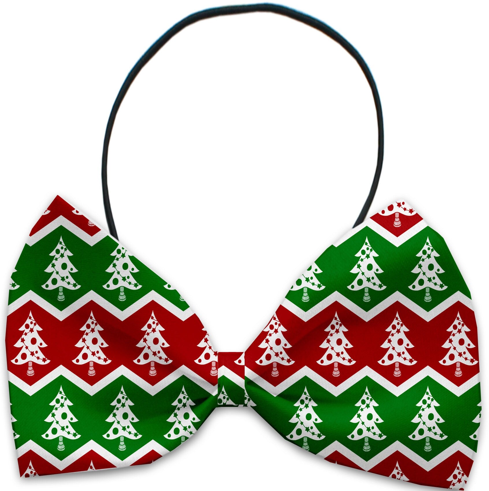 A festive Christmas bow tie for pets featuring a candy cane design, suitable for dogs and cats, made from silky polyester with an elastic band.