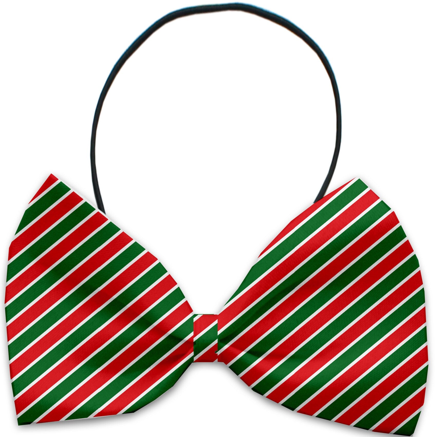A festive Christmas bow tie for pets featuring a candy cane design, suitable for dogs and cats, made from silky polyester with an elastic band.