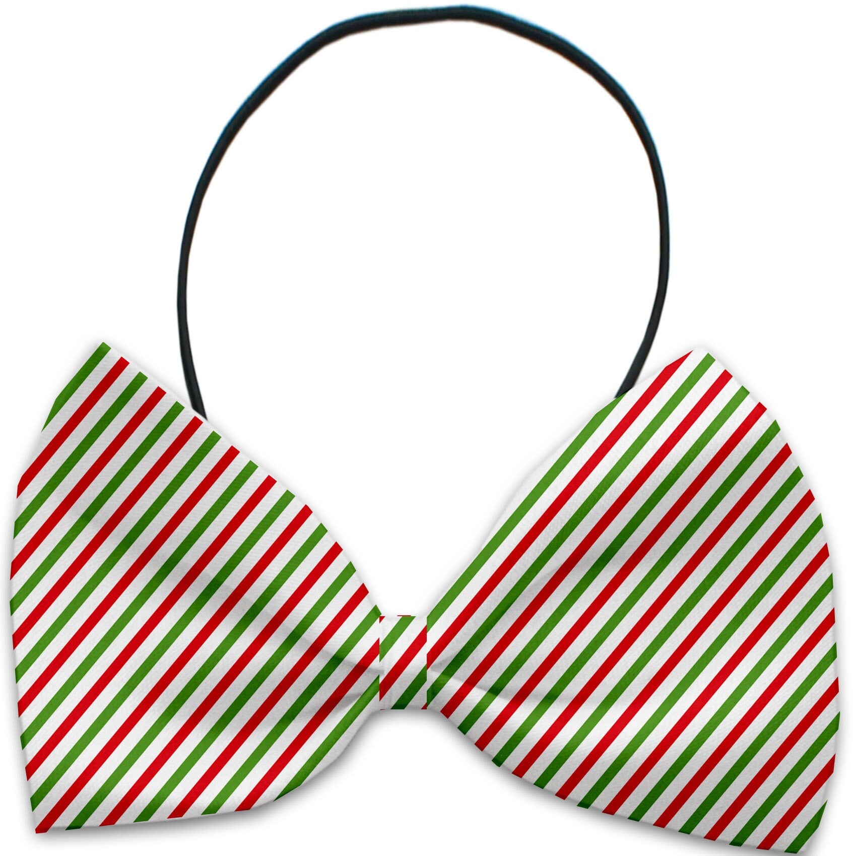 A festive Christmas bow tie for pets featuring a candy cane design, suitable for dogs and cats, made from silky polyester with an elastic band.