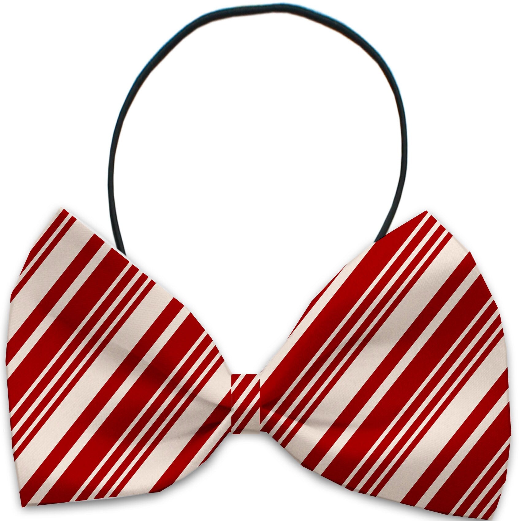 A festive Christmas bow tie for pets featuring a candy cane design, suitable for dogs and cats, made from silky polyester with an elastic band.