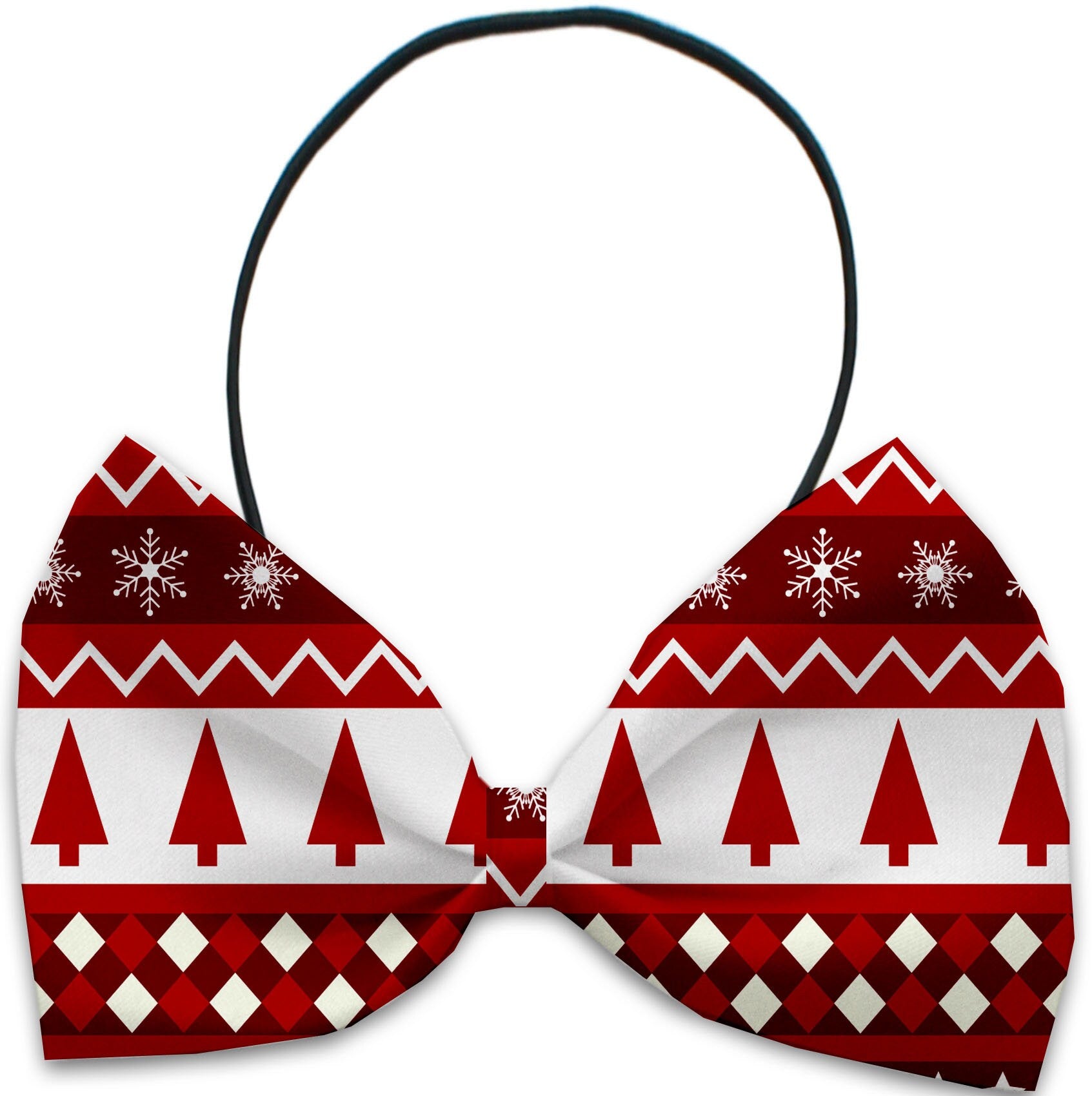 A festive Christmas bow tie for pets featuring a candy cane design, suitable for dogs and cats, made from silky polyester with an elastic band.