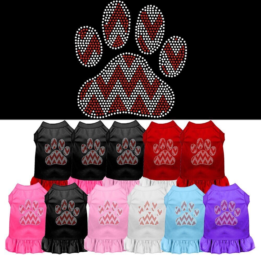 A festive Christmas dress for pets featuring a rhinestone 'Candy Cane Chevron Paw' design, perfect for dogs and cats.