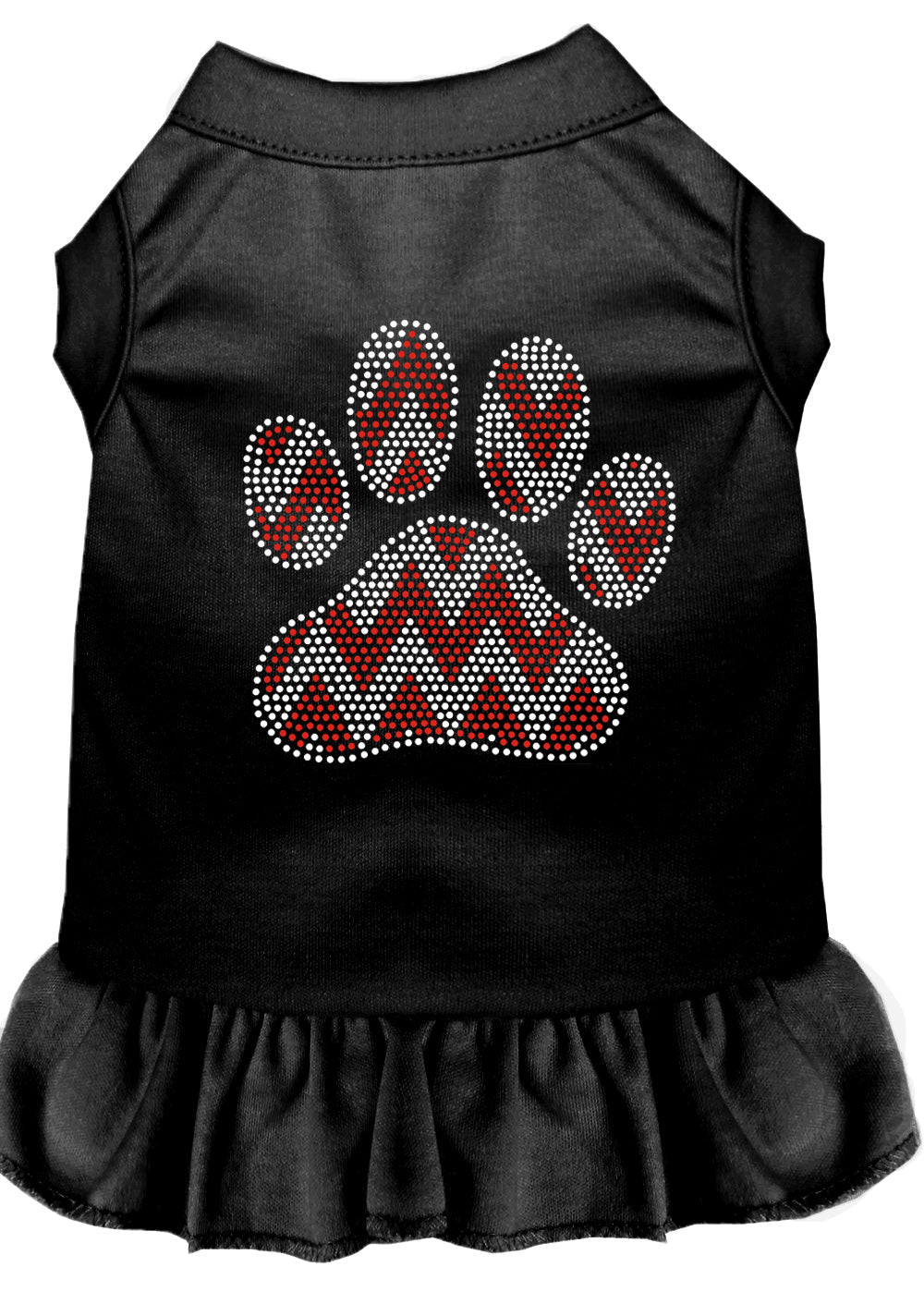 A festive Christmas dress for pets featuring a rhinestone 'Candy Cane Chevron Paw' design, perfect for dogs and cats.