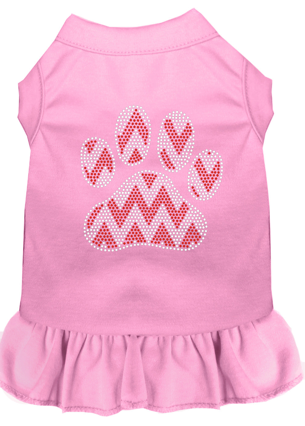 A festive Christmas dress for pets featuring a rhinestone 'Candy Cane Chevron Paw' design, perfect for dogs and cats.