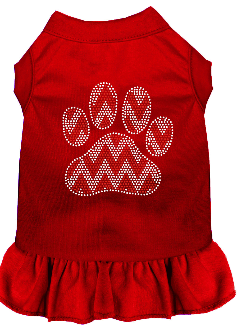 A festive Christmas dress for pets featuring a rhinestone 'Candy Cane Chevron Paw' design, perfect for dogs and cats.