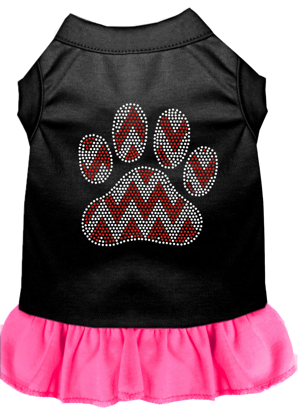 A festive Christmas dress for pets featuring a rhinestone 'Candy Cane Chevron Paw' design, perfect for dogs and cats.