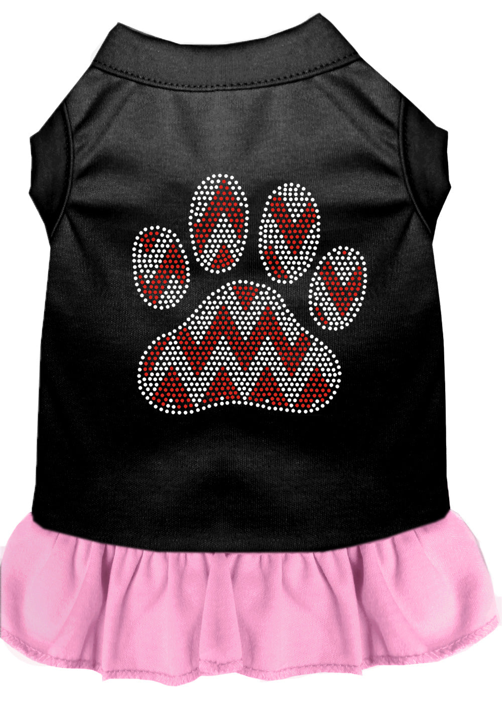 A festive Christmas dress for pets featuring a rhinestone 'Candy Cane Chevron Paw' design, perfect for dogs and cats.