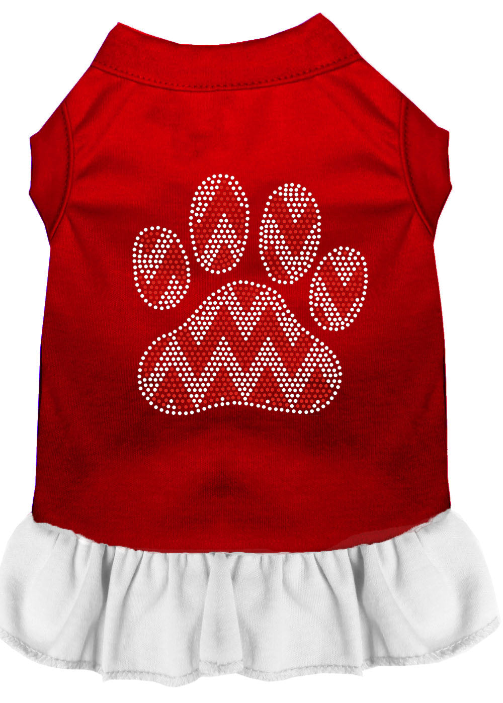 A festive Christmas dress for pets featuring a rhinestone 'Candy Cane Chevron Paw' design, perfect for dogs and cats.