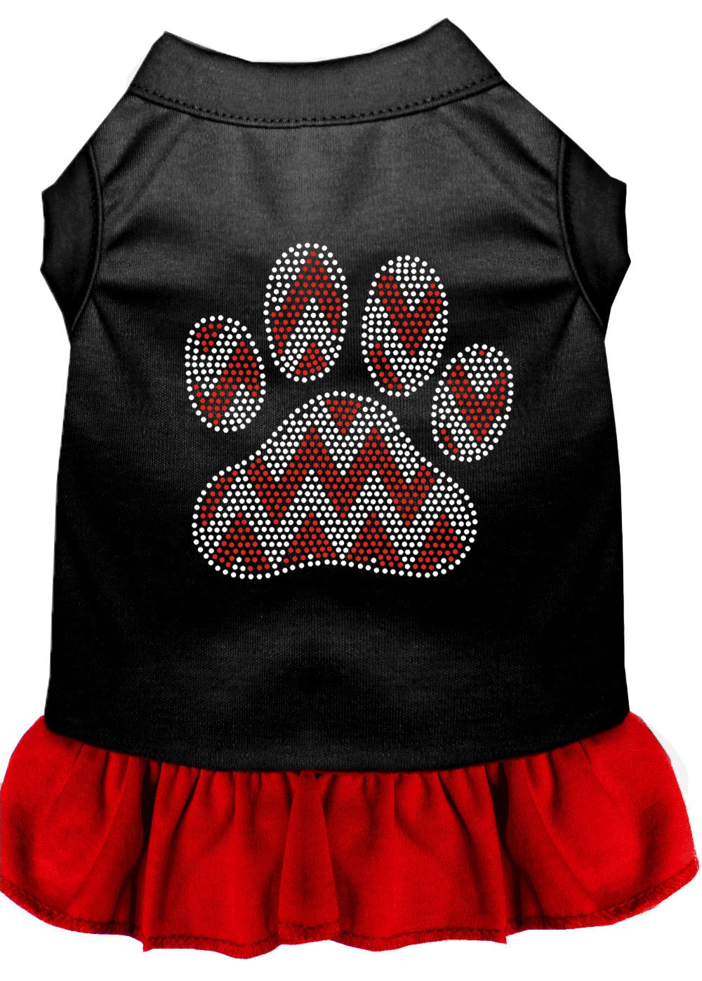 A festive Christmas dress for pets featuring a rhinestone 'Candy Cane Chevron Paw' design, perfect for dogs and cats.