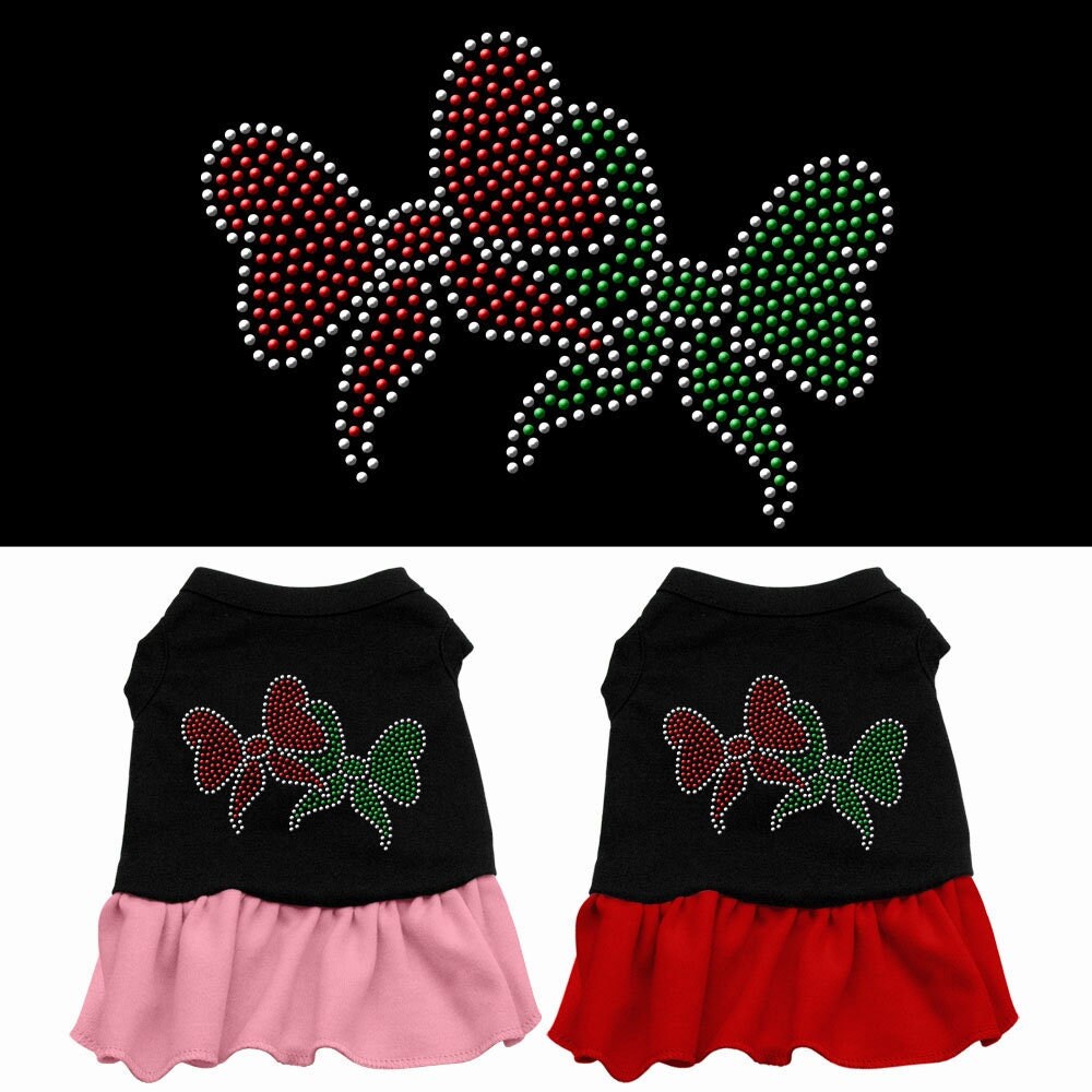 A festive Christmas dress for dogs and cats featuring rhinestones and bows, perfect for holiday celebrations.