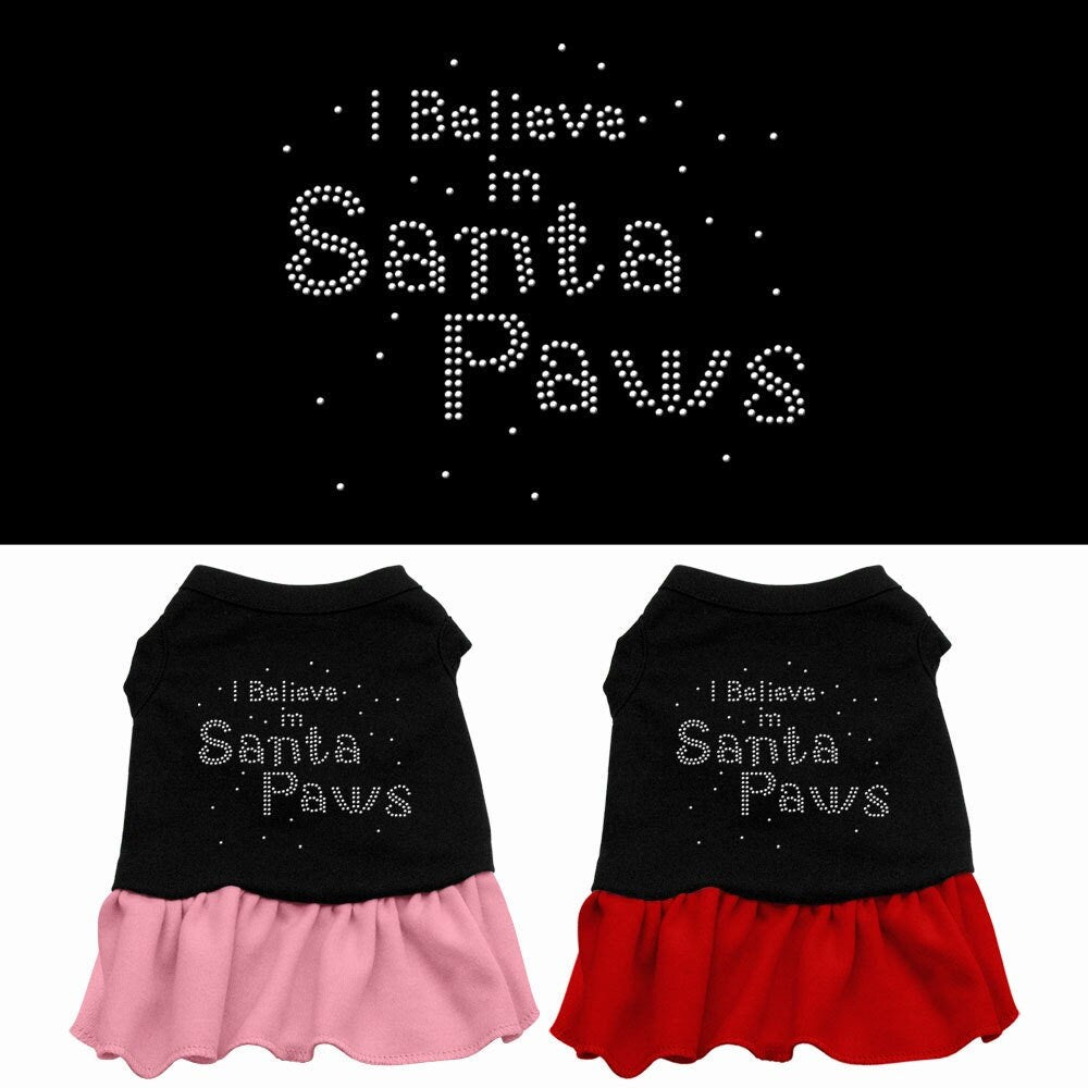 A festive Christmas dress for dogs and cats, featuring rhinestones and the phrase 'I Believe In Santa Paws', perfect for holiday celebrations.