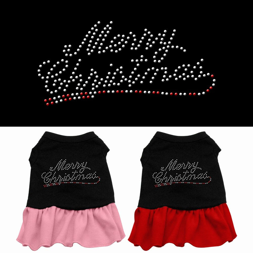 A festive Christmas dress for dogs and cats featuring rhinestones and the text 'Merry Christmas', designed for comfort and style.