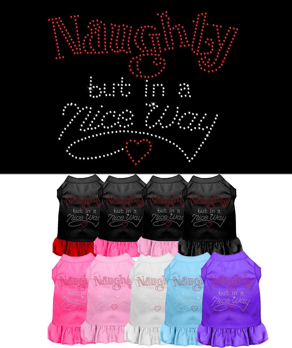 A festive Christmas dress for dogs and cats featuring rhinestones and a ruffled bottom, with the text 'Naughty But In A Nice Way'.