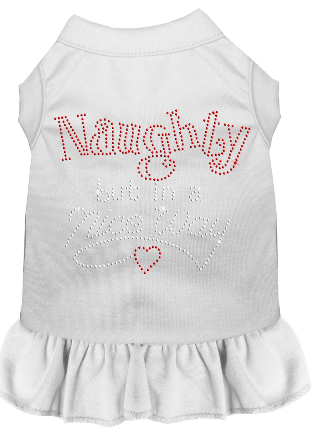 A festive Christmas dress for dogs and cats featuring rhinestones and a ruffled bottom, with the text 'Naughty But In A Nice Way'.