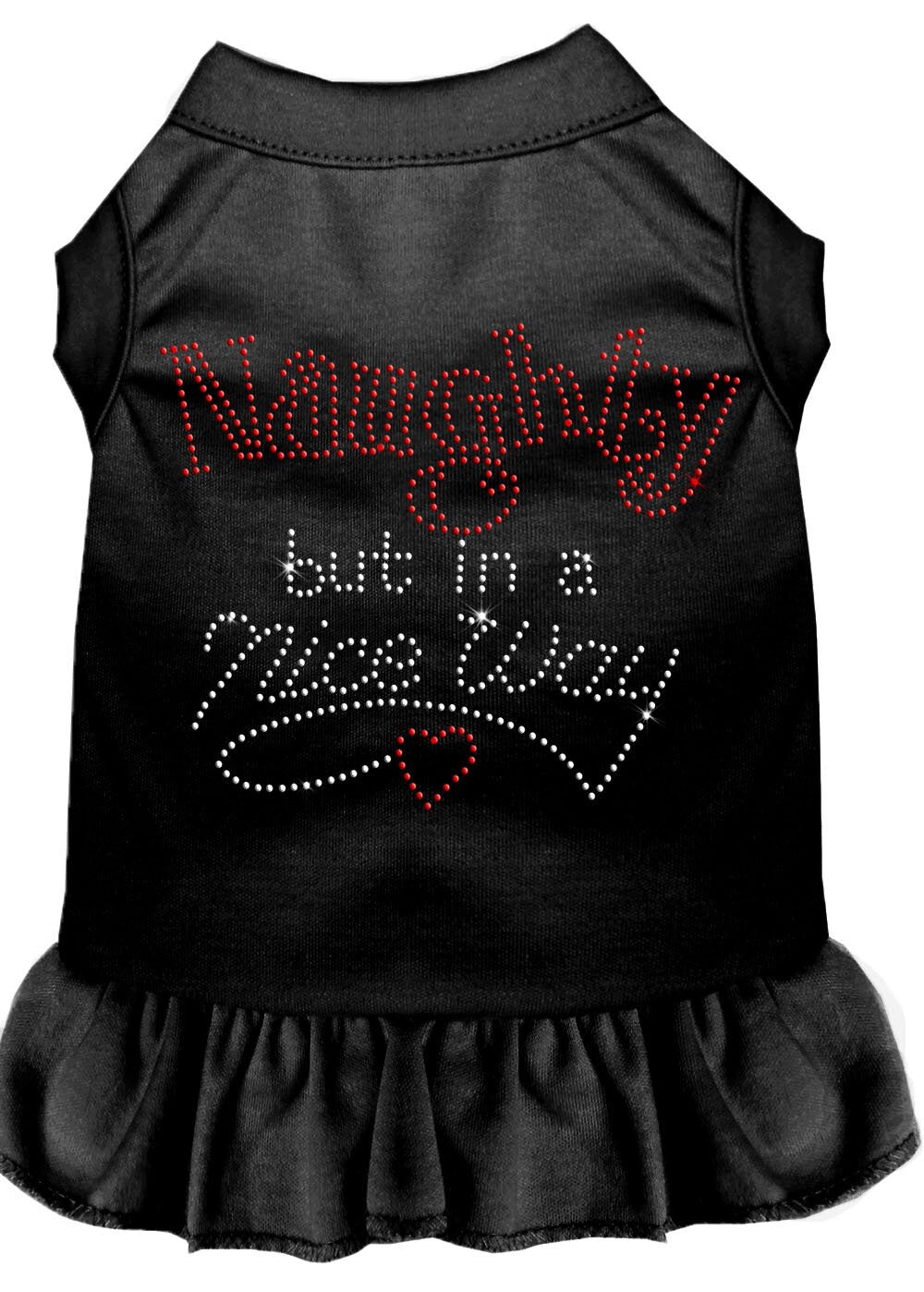 A festive Christmas dress for dogs and cats featuring rhinestones and a ruffled bottom, with the text 'Naughty But In A Nice Way'.