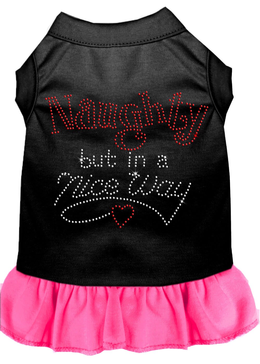 A festive Christmas dress for dogs and cats featuring rhinestones and a ruffled bottom, with the text 'Naughty But In A Nice Way'.