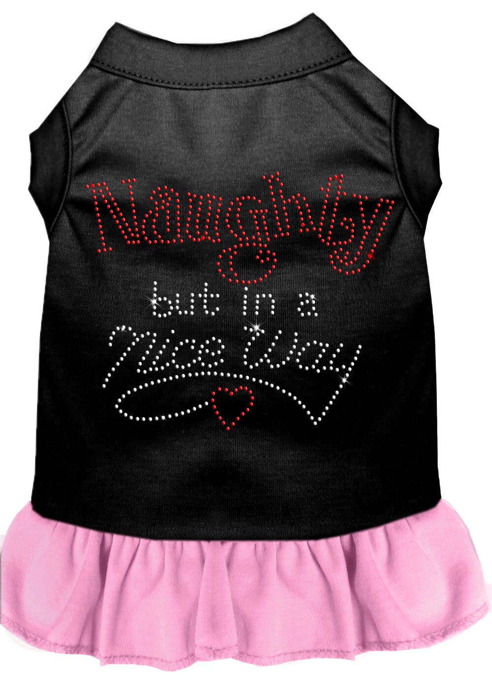 A festive Christmas dress for dogs and cats featuring rhinestones and a ruffled bottom, with the text 'Naughty But In A Nice Way'.