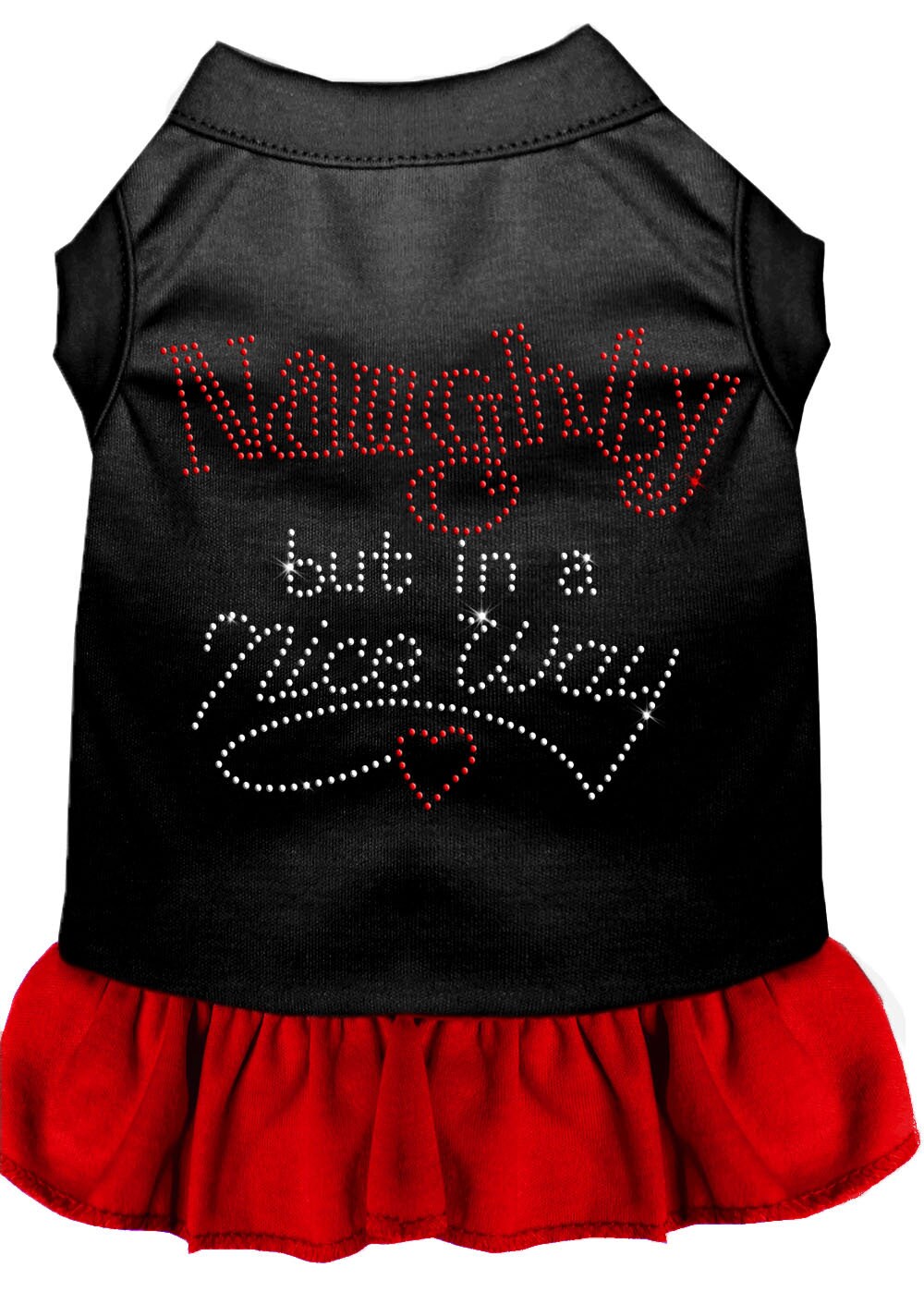 A festive Christmas dress for dogs and cats featuring rhinestones and a ruffled bottom, with the text 'Naughty But In A Nice Way'.