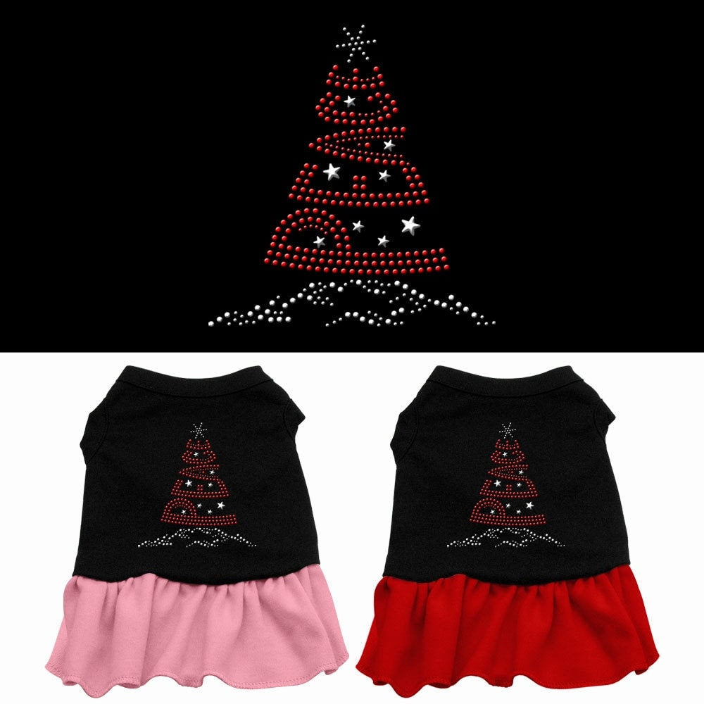 A festive Christmas dress for pets featuring a rhinestone 'Peace Tree' design, suitable for both dogs and cats, made from soft and durable fabric.