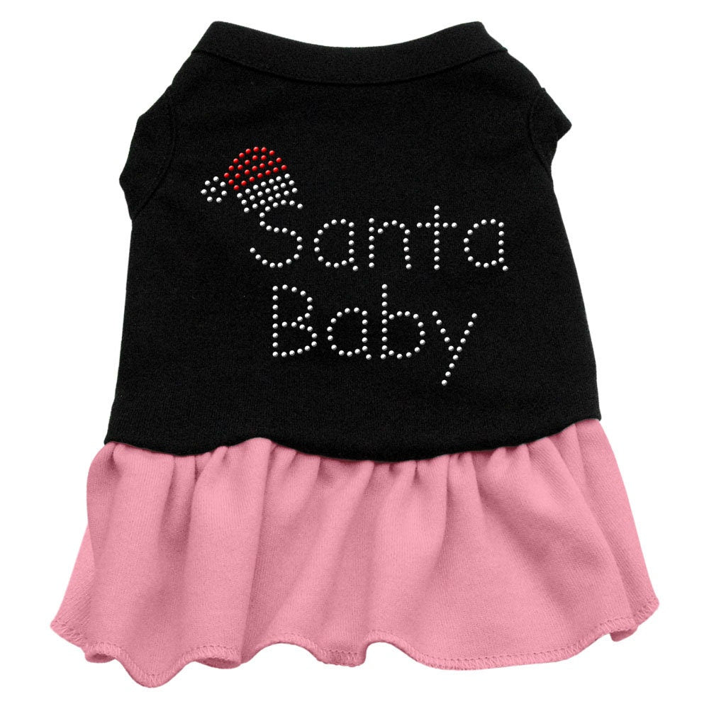 A festive 'Santa Baby' dress for pets, featuring rhinestones and a ruffled hem, perfect for Christmas celebrations.