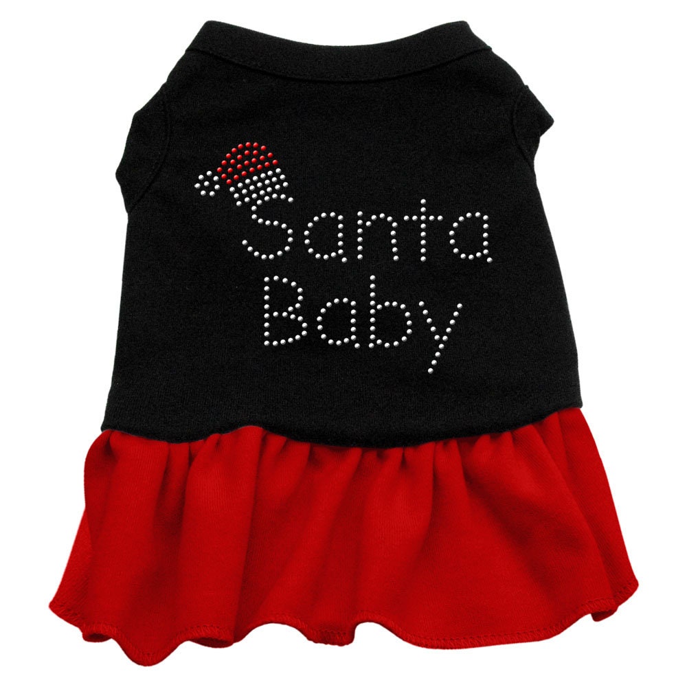 A festive 'Santa Baby' dress for pets, featuring rhinestones and a ruffled hem, perfect for Christmas celebrations.