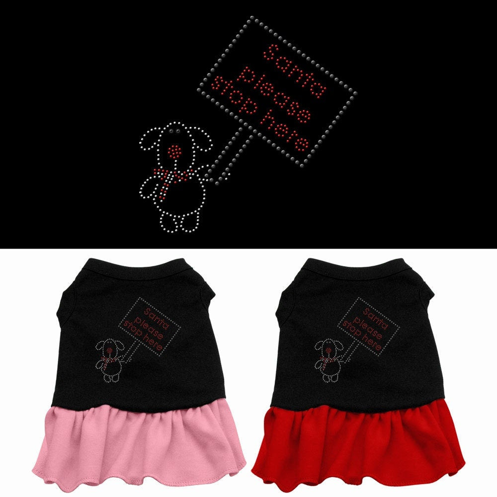A festive Christmas dress for pets featuring rhinestones and the phrase 'Santa Please Stop Here', perfect for dogs and cats.