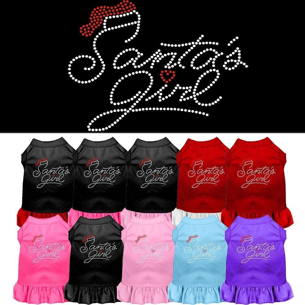 A festive red dress for dogs and cats with rhinestone embellishments, perfect for Christmas celebrations.