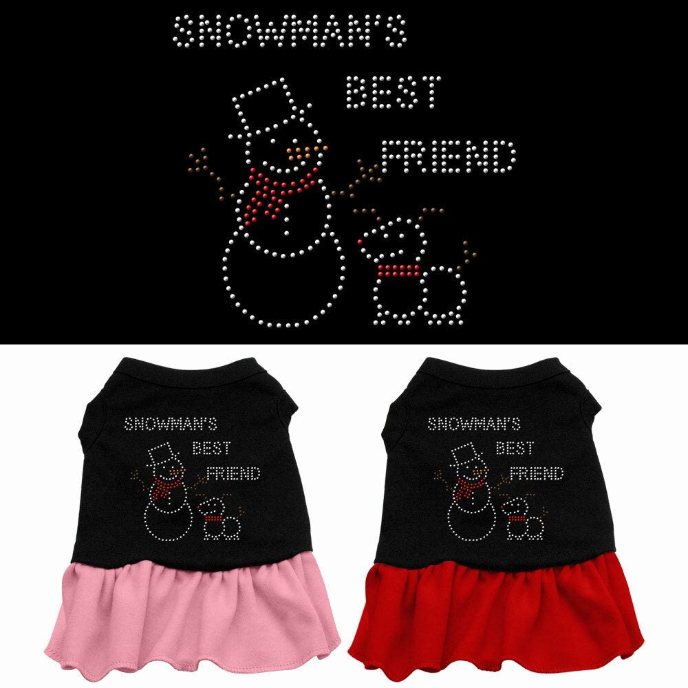 A festive Christmas dress for dogs and cats featuring a rhinestone snowman design, perfect for holiday celebrations.