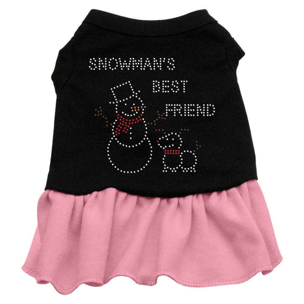 A festive Christmas dress for dogs and cats featuring a rhinestone snowman design, perfect for holiday celebrations.