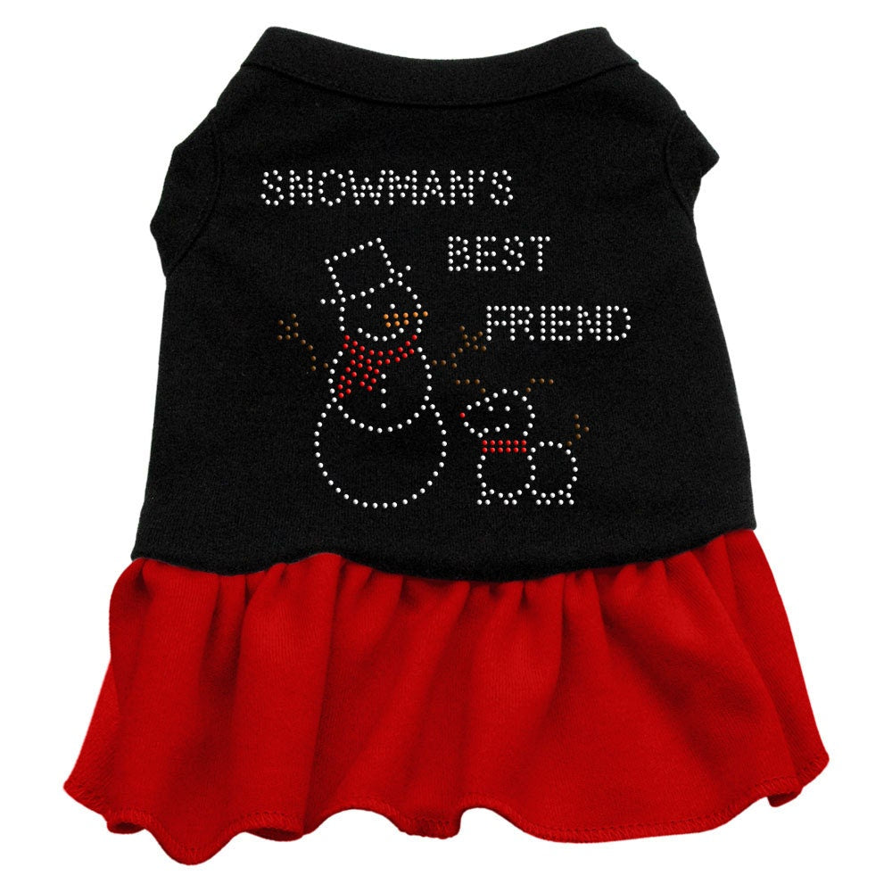 A festive Christmas dress for dogs and cats featuring a rhinestone snowman design, perfect for holiday celebrations.