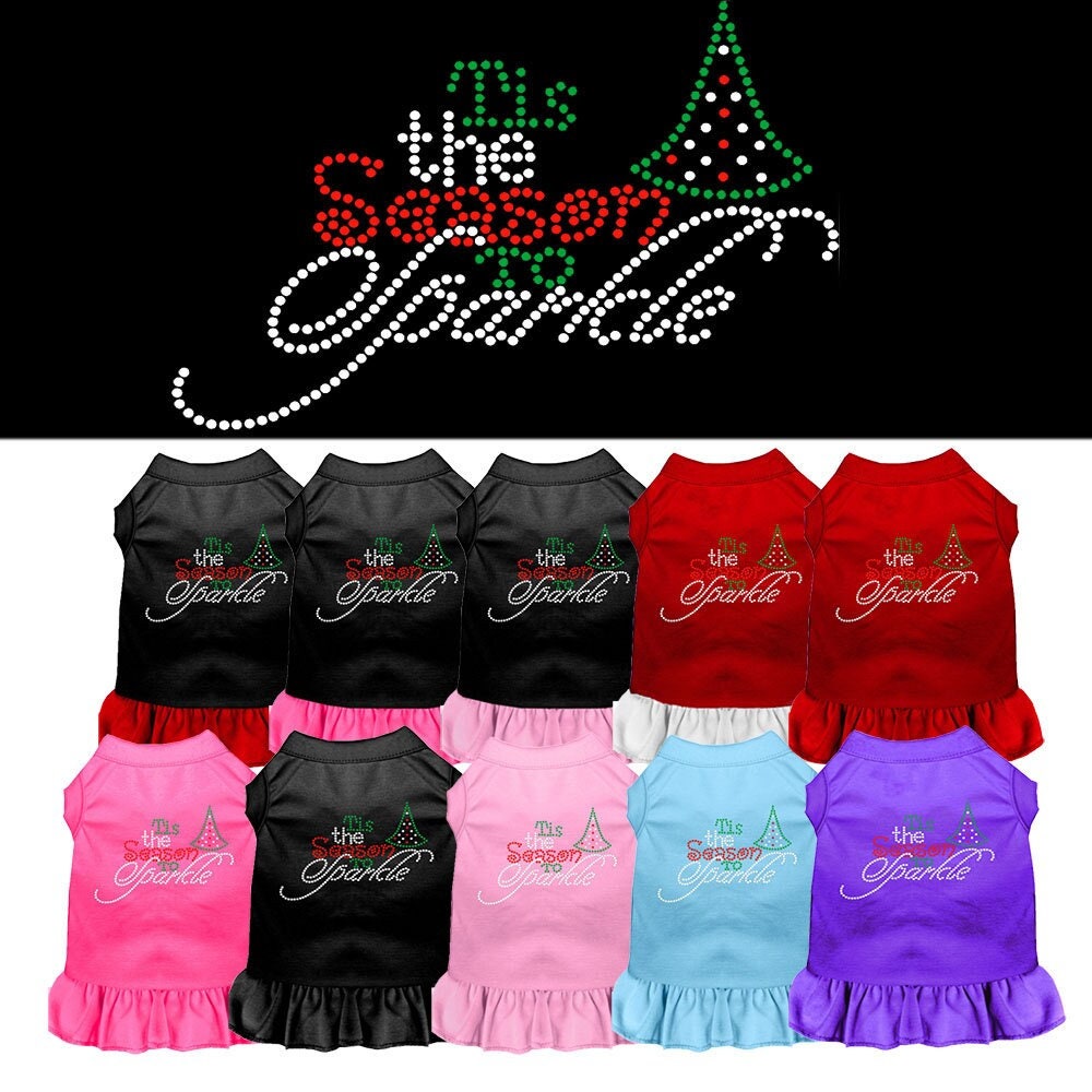 A festive Christmas dress for dogs and cats featuring rhinestones and the phrase 'Tis The Season To Sparkle', perfect for holiday celebrations.