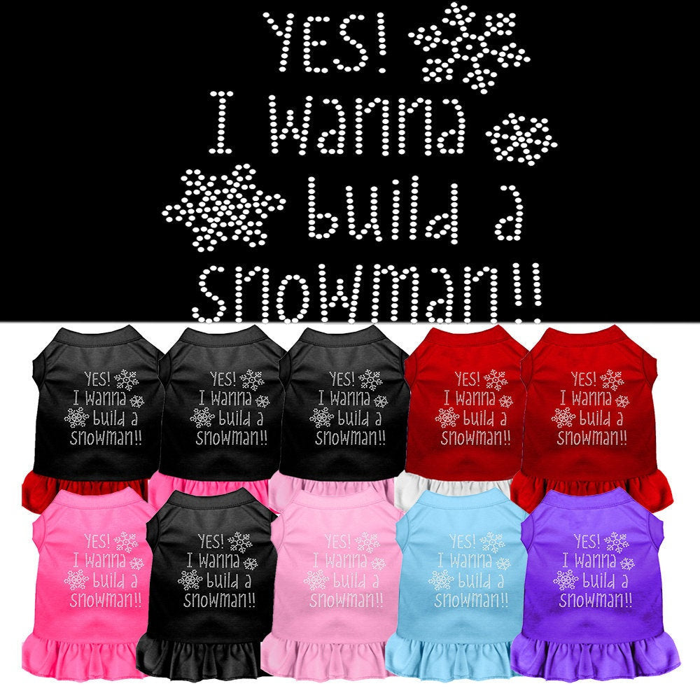 A festive Christmas dress for dogs and cats featuring rhinestones and the phrase 'Yes! I Want To Build A Snowman', designed for comfort and style.
