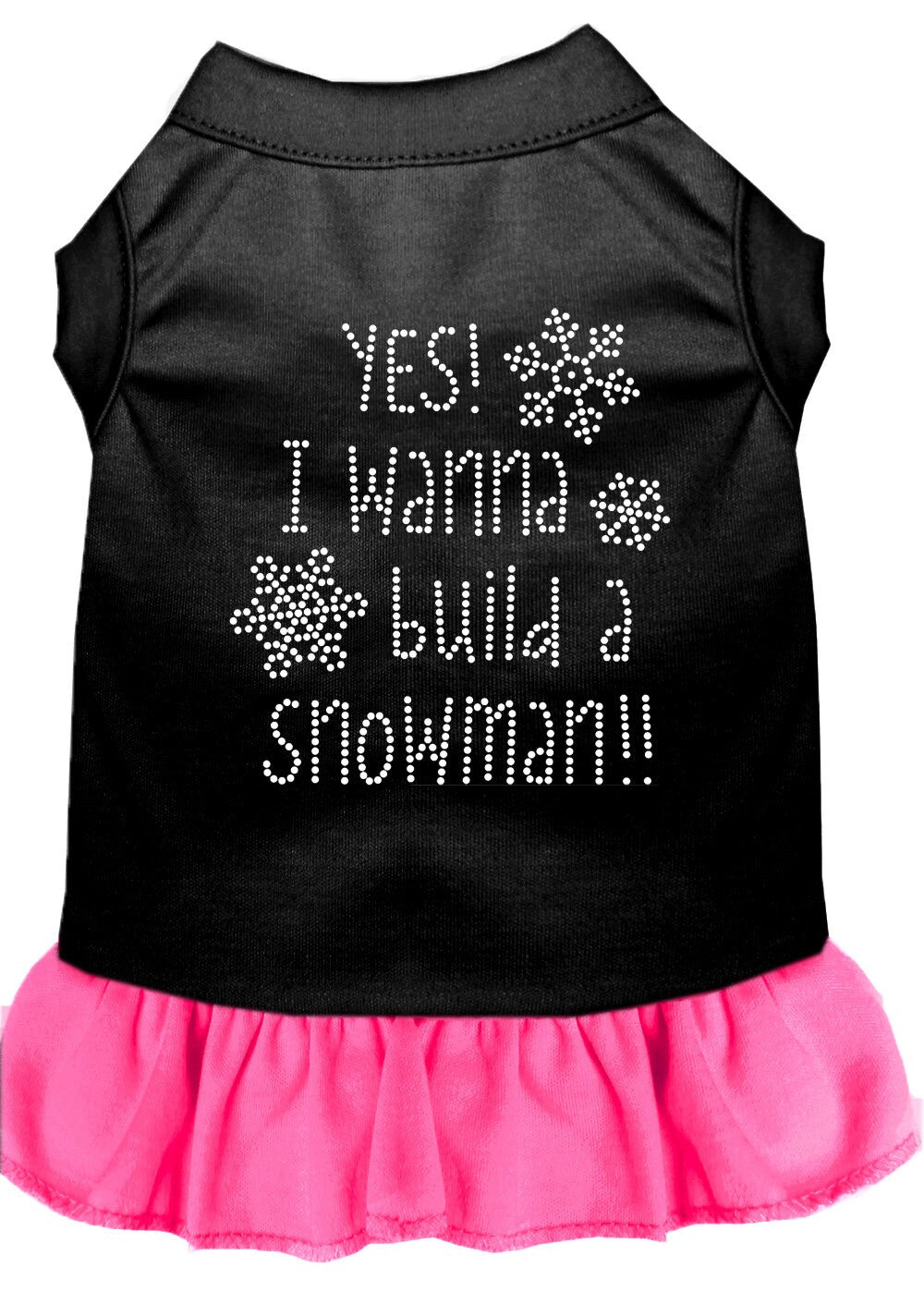 A festive Christmas dress for dogs and cats featuring rhinestones and the phrase 'Yes! I Want To Build A Snowman', designed for comfort and style.