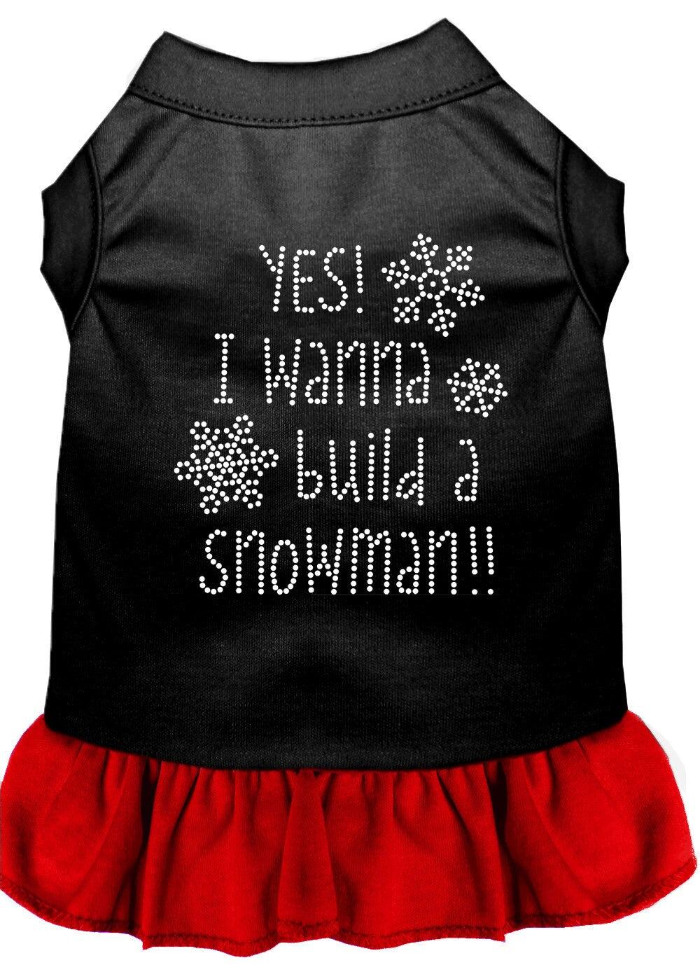 A festive Christmas dress for dogs and cats featuring rhinestones and the phrase 'Yes! I Want To Build A Snowman', designed for comfort and style.