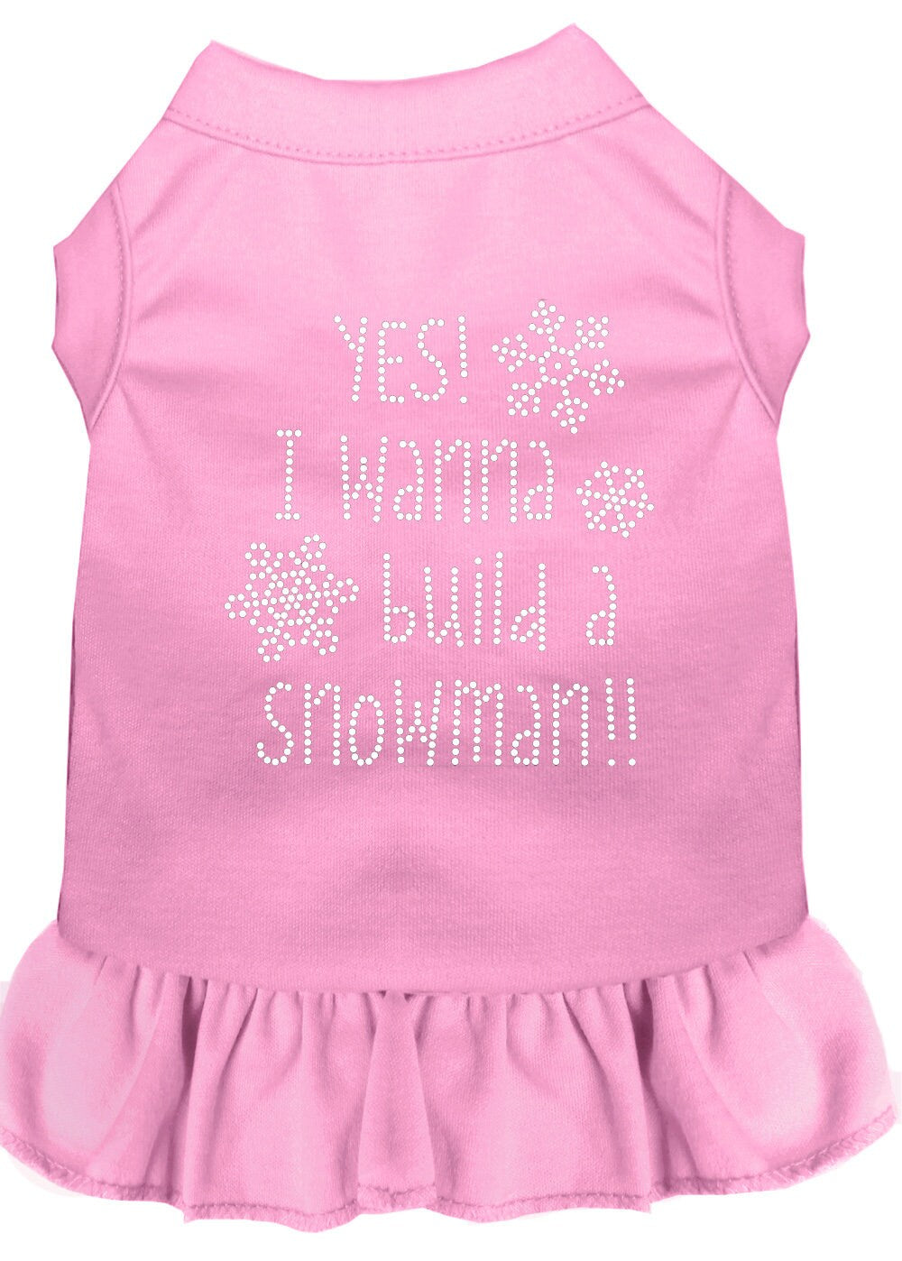 A festive Christmas dress for dogs and cats featuring rhinestones and the phrase 'Yes! I Want To Build A Snowman', designed for comfort and style.